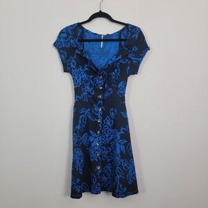 Free People Mini Dress 0 Blue Floral Linen Blend Button Front Tie Back Tropical
